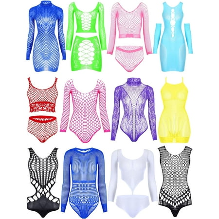 Waqn 12 Pieces Women s Fishnet Lingerie Mesh Babydoll Bodysuit Lace Smock Lingerie for Women (Warm Color Simple Style) A417