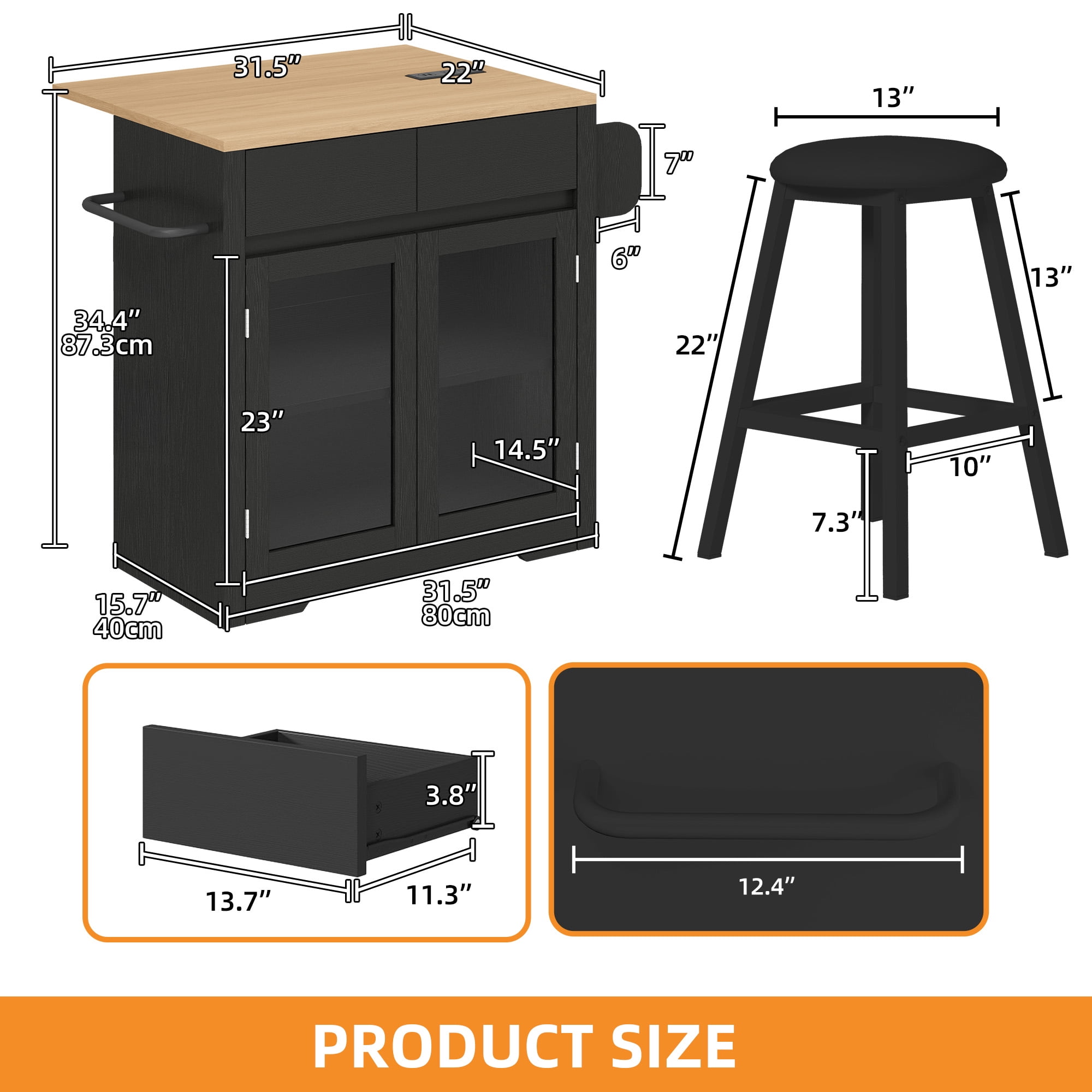 Craftian Kitchen Island Cart with Charging Station & Bar Stools, Kitchen Island with Storage & Drop Leaf, Black