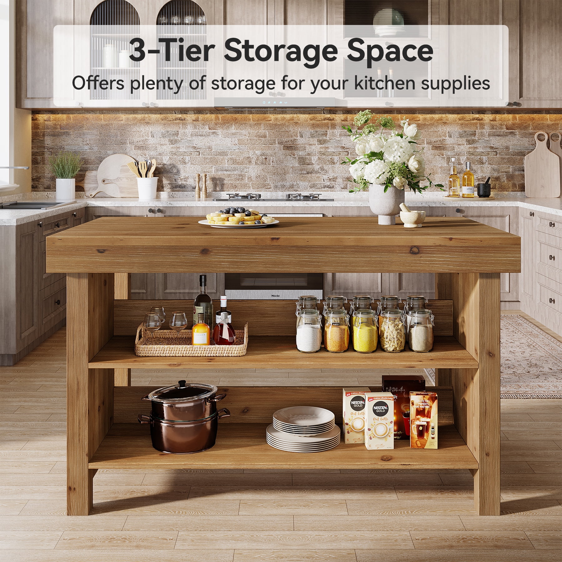 Fnova 55" 3-Tier Solid Wood Kitchen Island with Storage Shelf, Farmhouse Wooden Stationary Island Table with Large Worktop for Kitchen, Dining Room, Brown