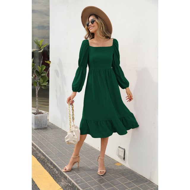 Cismea Cuello Cuadrado Mangas Abullonadas Dobladillo de Gasa Vestido Largo Casual(Verde) Cismea Falda larga