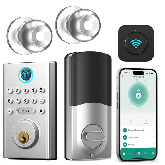 HEANTLE WiFi Smart Lock Front Door – Keyless Entry Fingerprint Deadbolt with 2 Knobs Set,Gateway Included, Auto Lock, Touchscreen, Alexa & Smartphone Control, Silver