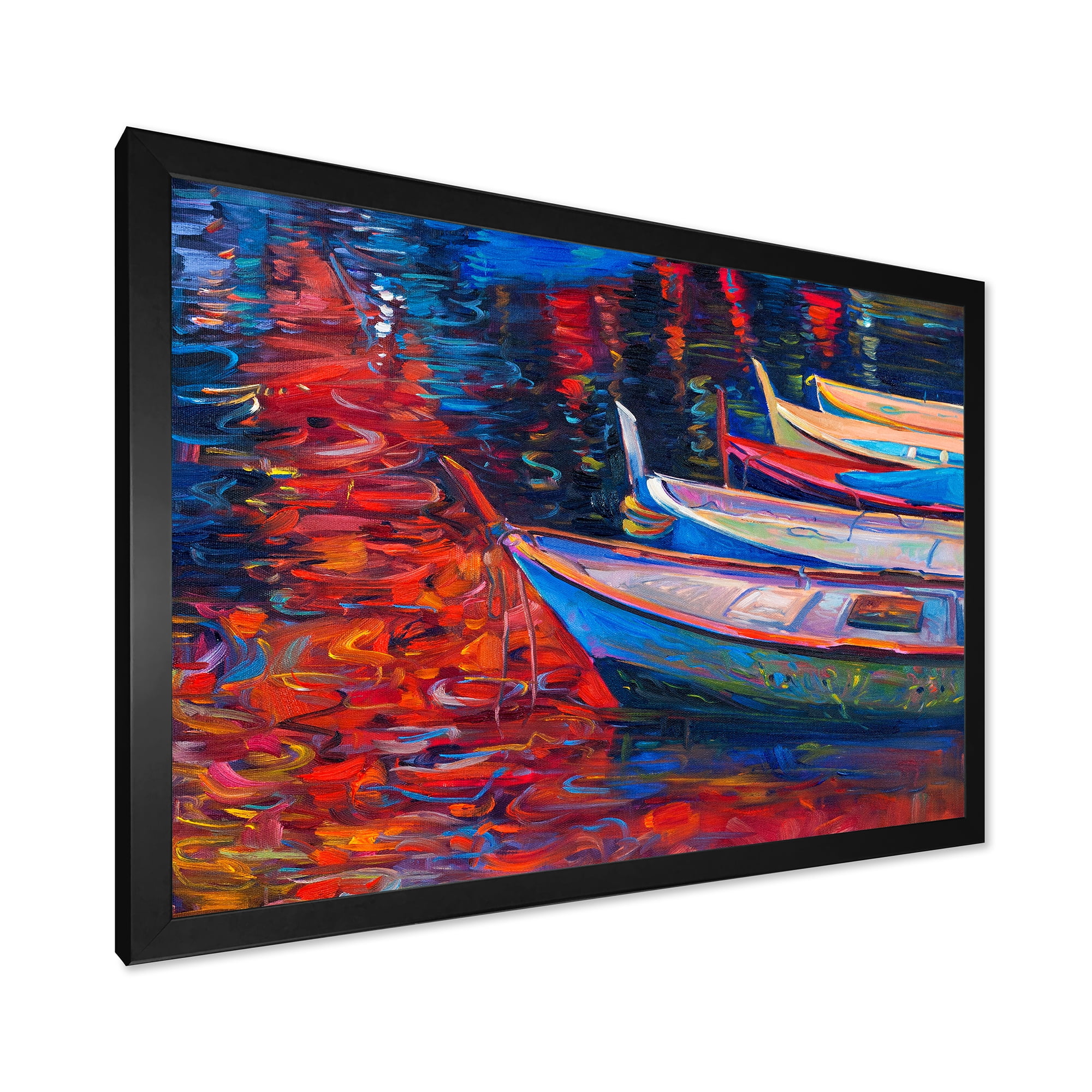 Designart 'Boats During Warm Sunset Resting On The Water IX' Nautical & Coastal Framed Art Print