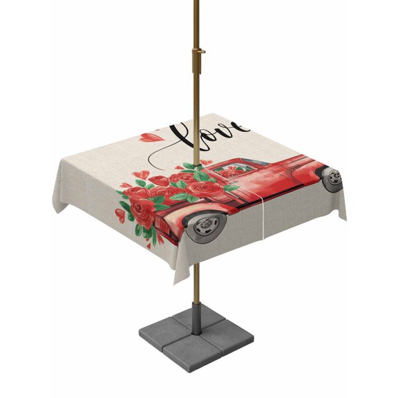 Outdoor Tablecloth with Umbrella Hole and Zipper, Valentines Day Square Table Cloth 60x60 Inch Waterproof Tablecloth, Red Truck Rose Flowers Farmhouse Beige Picnic Table Cover for Patio Camping