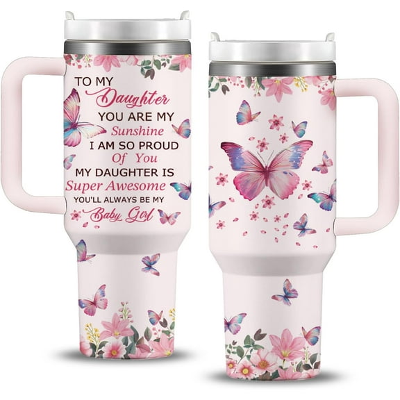 Daughter Birthday Gifts, 40 Oz to My Daughter Cup with Handle & Straw, Daughter Gifts from Mom, Thanksgiving, Christmas, Holiday, Birthday Gifts for Daughter Adult, Daughter Tumbler with Butterfly