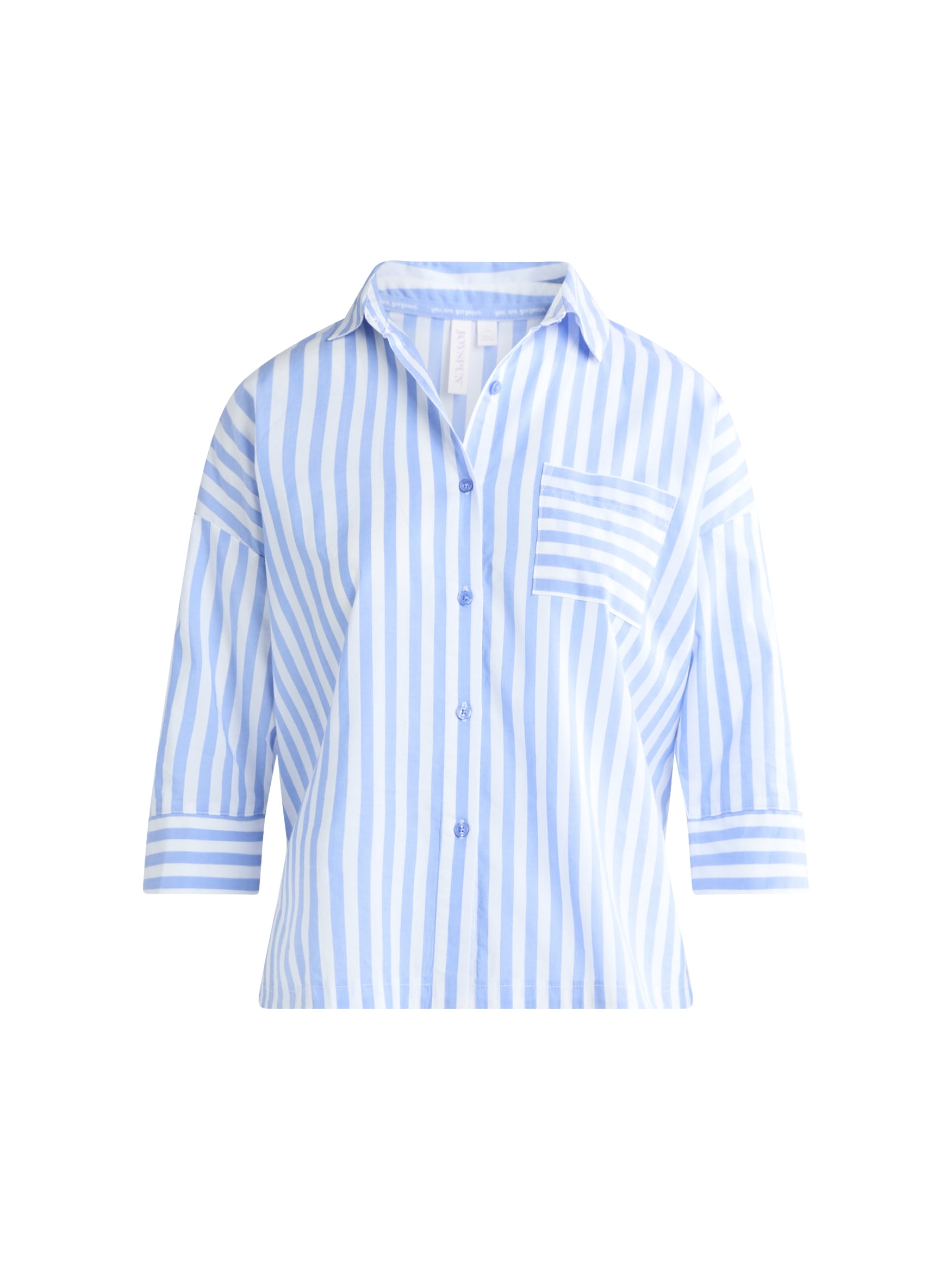 Joyspun Women’s Woven ¾ Sleeve Notch Collar Top and Boxer Shorts Pajama Set, Sizes XS-3X