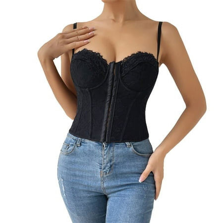 

GWAABD Women s Casual Sleeveless Slim Large Open-Back T-Shirt Top Womens Summer Lace Bustier Mesh Vintage Spaghetti Strap Open Back Boned Corset Going Out Party Crop Top