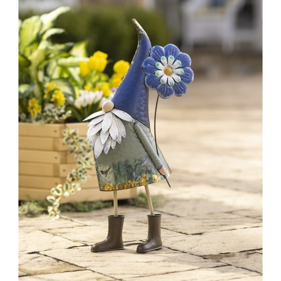 Metal Gnome Statue Holding Blue Flower