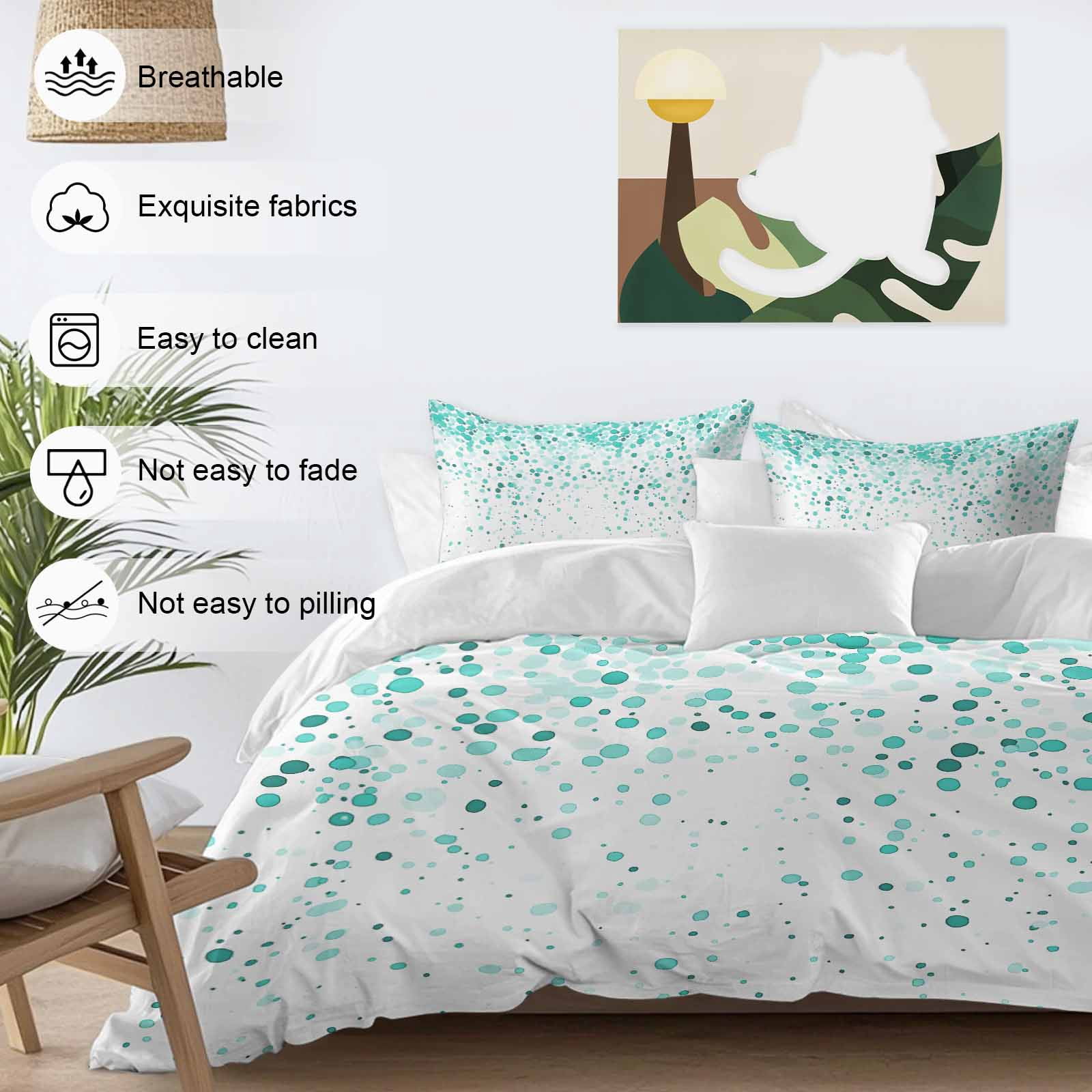Teal Polka Dot Bedding Duvet Cover Set Queen Size 4 Pieces Watercolor Teal Gradient Abstract Modern Bedding Set with Zipper Closure, 1 Comforter Cover 90x92 Inches 1 Flat Sheet & 2 Pillow Cases