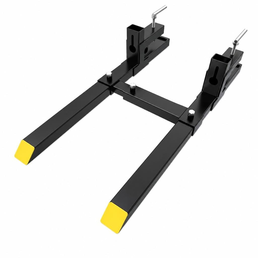 Heavy-Duty 43 Clamp-On Pallet Forks &ndash; 2000 lb Capacity with Adjustable Stabilizer Bar for Tractor Loader & Skid Steer &ndash; Black + Yellow