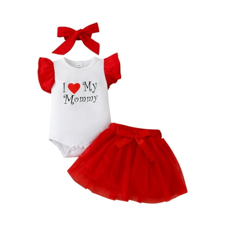 

Baby Girls Skirt Set Fly Sleeve Letters Print Romper with A-line Tulle Skirt and Headband Summer Outfit