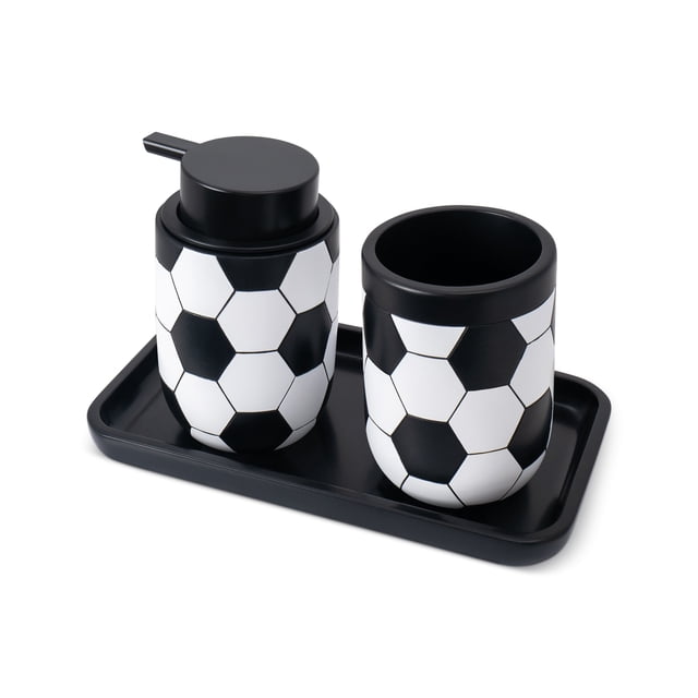 Décor Living Football Set de Accesorios para Baño de 3 Piezas para Organización y Decoración, Resina, Negro Mate