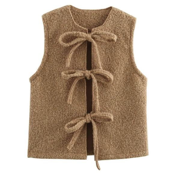 Women's Autumn Winter Sleeveless V Neck Bow Tie Wool Vest Cardigan