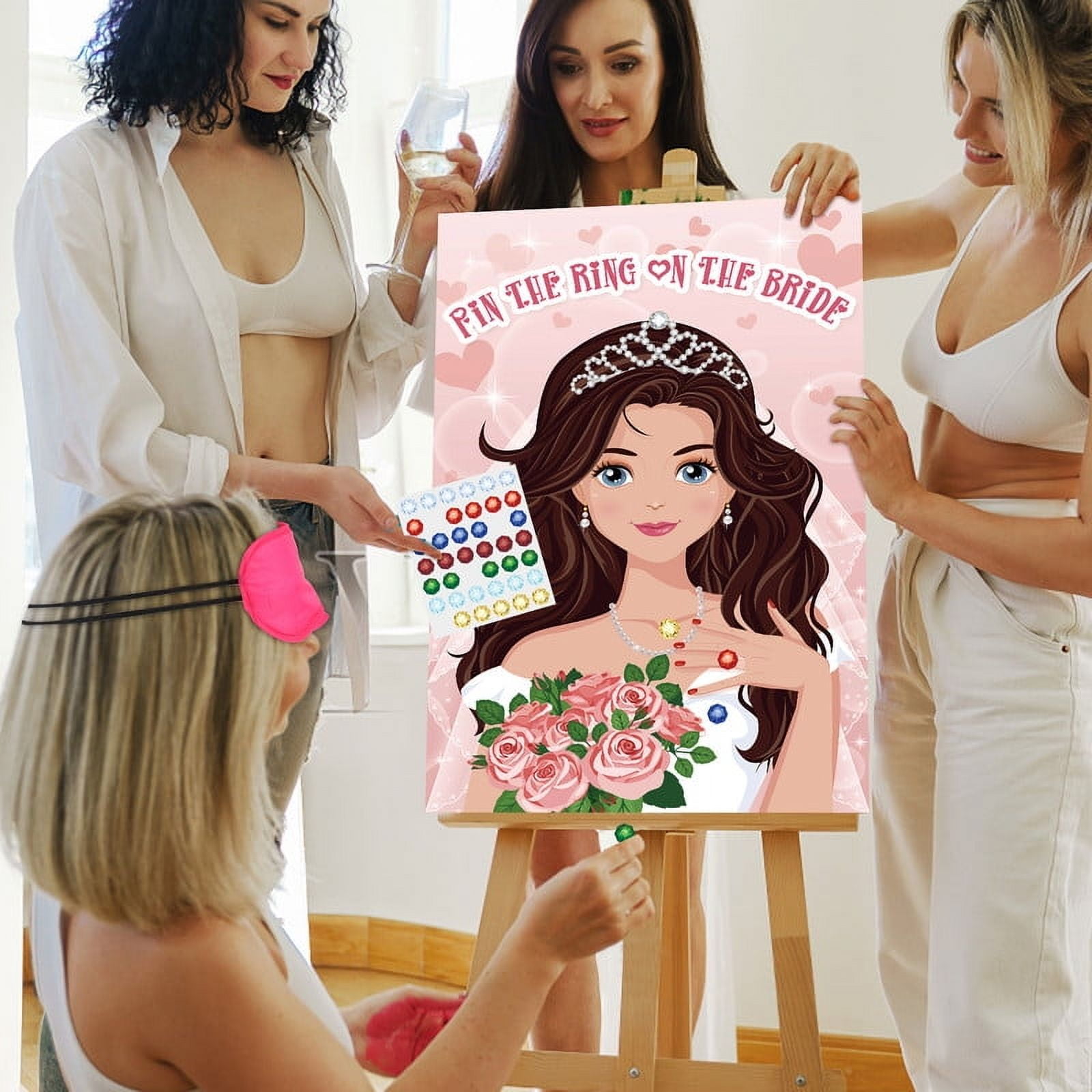 Pin The Ring On The Bride Game - Bridal Shower & Bachelorette Party Game For 32 Guests, Includes Poster & Stickers