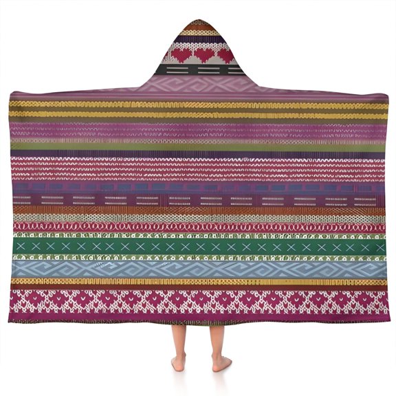Purple Boho Tribal Stripes and Hearts Pattern Hooded Bath Towel,50"x30" for Ages 3 To 12 Kids, Quick Dry Lightweight Soft Microfiber Hood Beach Towel Cover Up for Kids