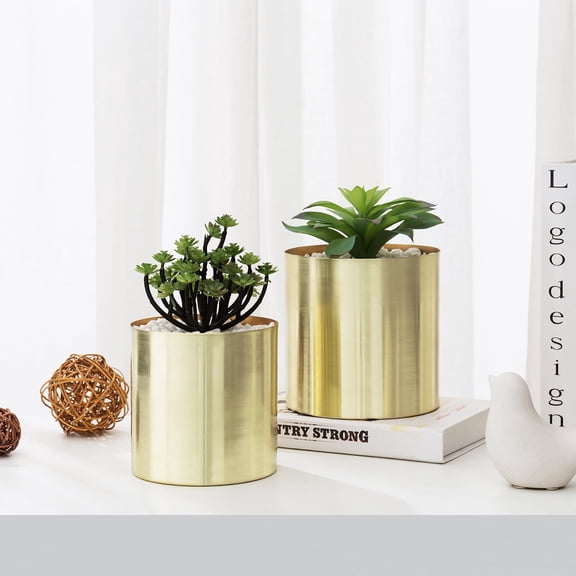 MyGift Set-of-2 Modern Cylindrical Brushed Brass Plated Pots, Cylindrical Metal Vase, 5 and 6 Inch