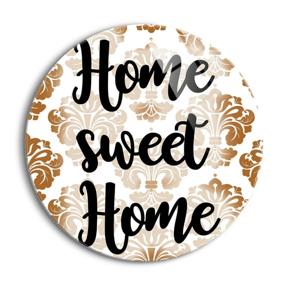 Home Sweet Home Nutmeg Damask 24 inch Glass Round Wall Hanging Sign