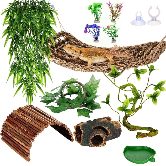VNEKVA Bearded Dragon Tank Accessories Set, Reptile Bridge Hammock with Vines, Feeding Bowl & Hide Cave