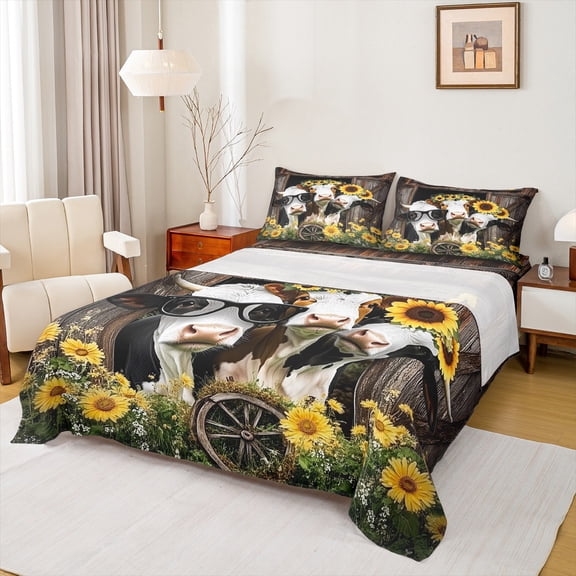 Castle Fairy Kawaii Cow Twin Sheet Sets 3pcs for Children Teens Adults,Farmhouse Cottage Animal Twin Fitted Sheet Microfiber,Chic Floral Flowers Sunflowers Breathable Flat Sheet