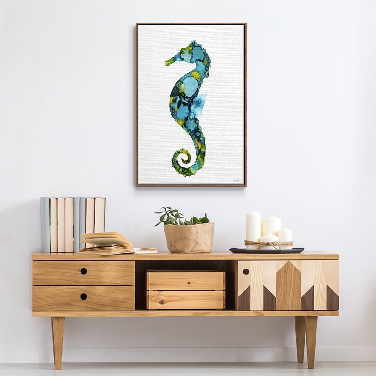 Seahorse Framed Premium Gallery Wrapped Canvas - Ready to Hang - 17 x 25 - Walnut Floating Frame