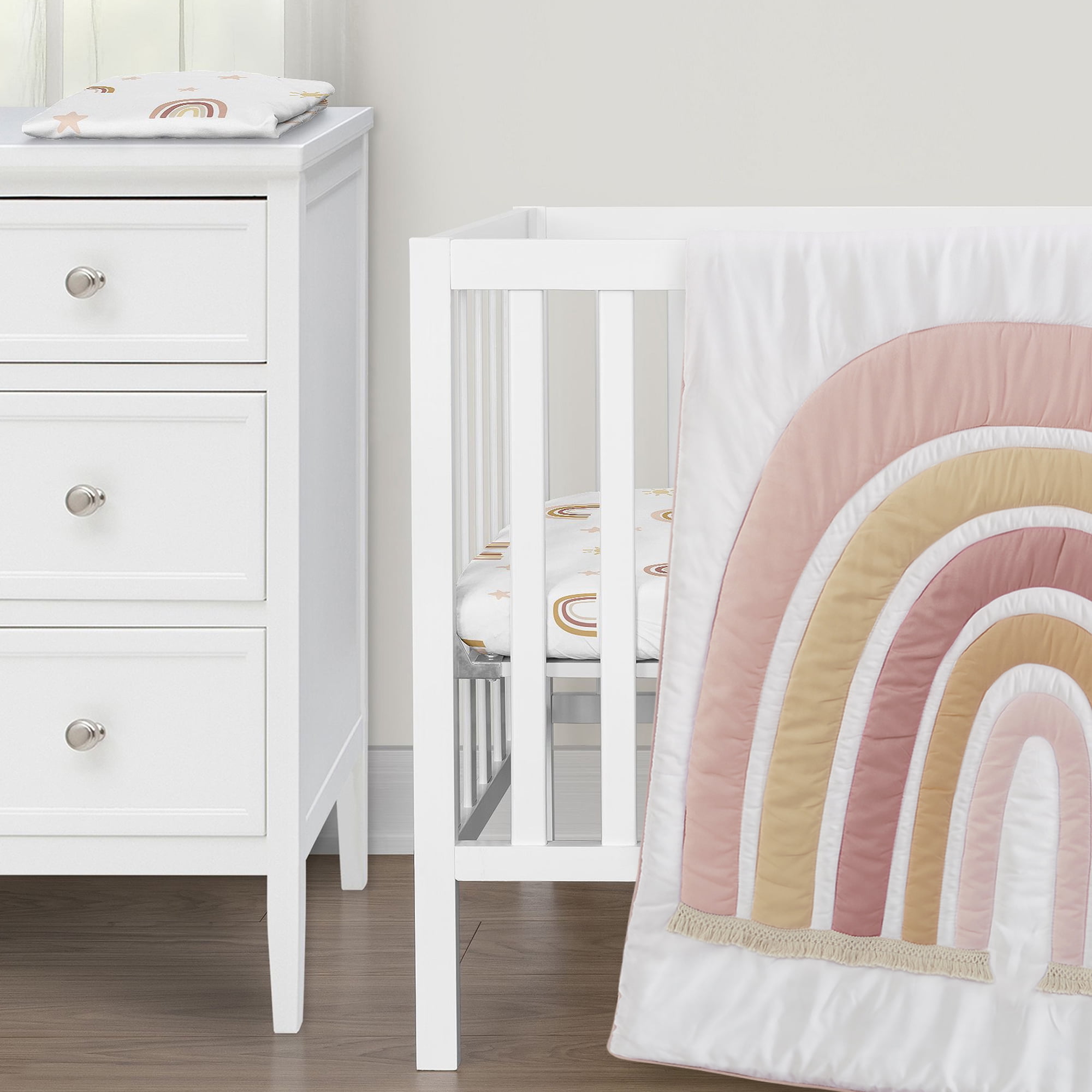 Sweet Jojo Designs Boho Rainbow Pink Beige and Taupe 3 Piece Mini Crib Bedding Set