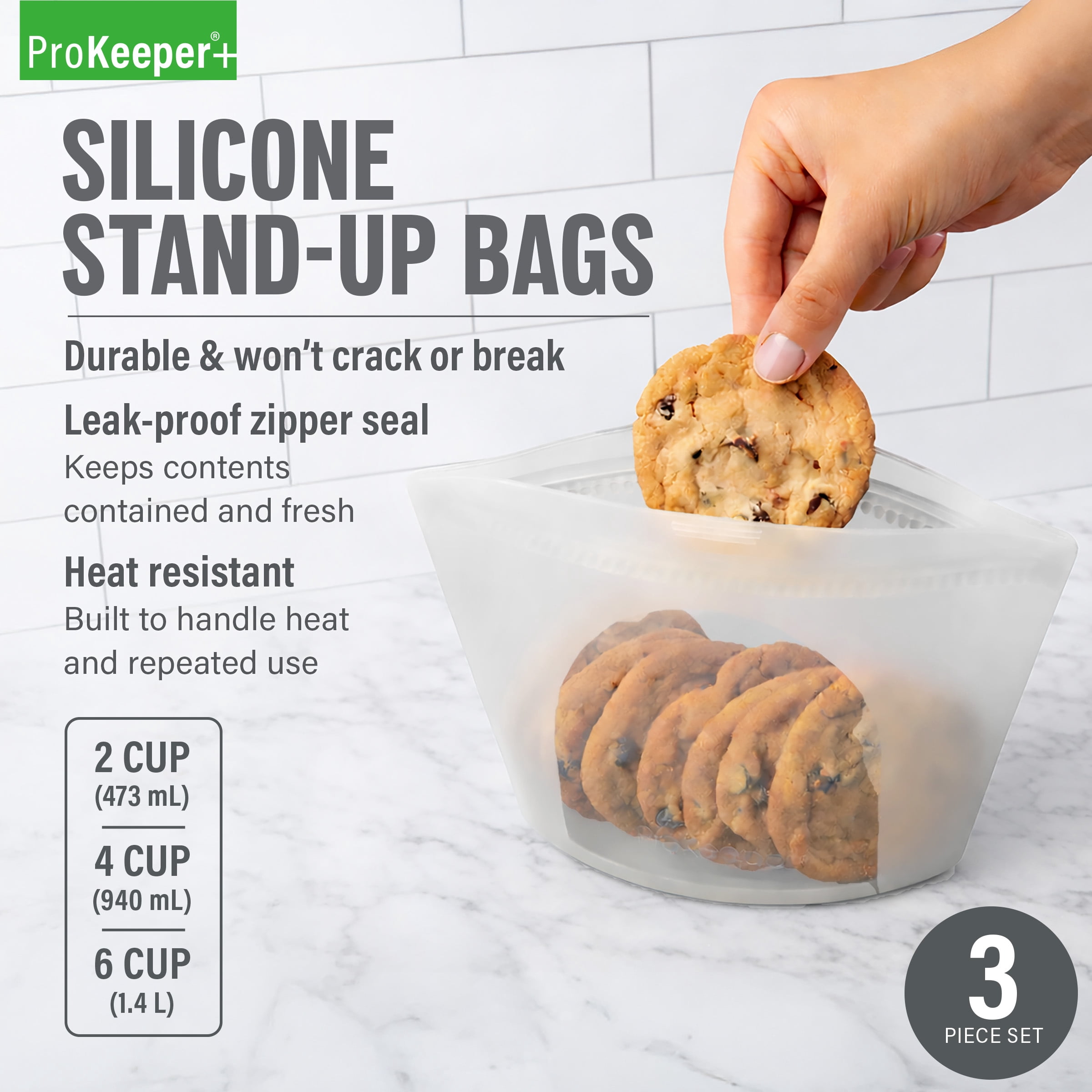 (4 pack) Prokeeper+ 3 Silicone Stand Up Snack and Storage Bag, 3 Pack, Mulit Color, Designed to Help with Packed Lunches and Daily Commutes