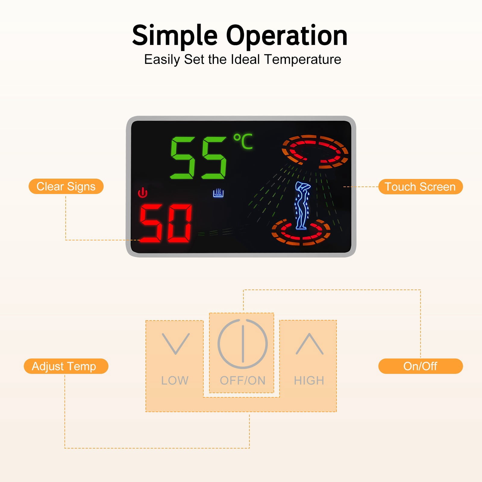 Miumaeov Electric Water Heater with Shower Kit Instant Water Heater Wall-mounted 4500W LED Display 30-55°C