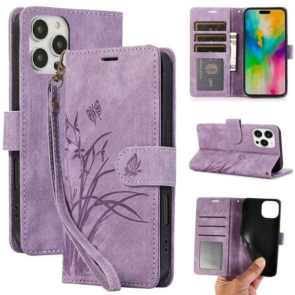 Nalacover Slim Wallet Case for iPhone 16 Pro, for Women Men, Embossed Pattern PU Leather Shockproof Magnetic Clasp Credit Card Slots Flip Kickstand Phone Case Wrist Strap,Purple