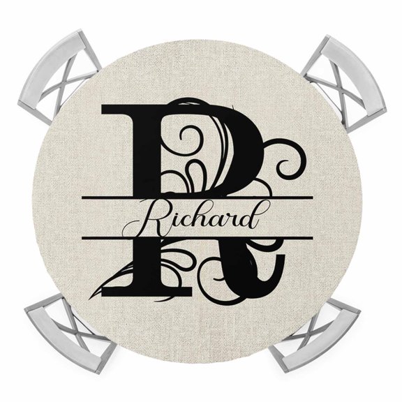 Letter R Round Tablecloth for 55-60 Inch Tables, Fitted Table Cover with Elastic Edge, Monogram Words Waterproof Outdoor Table Cloth Protector for Patio Garden Dinner Picnic