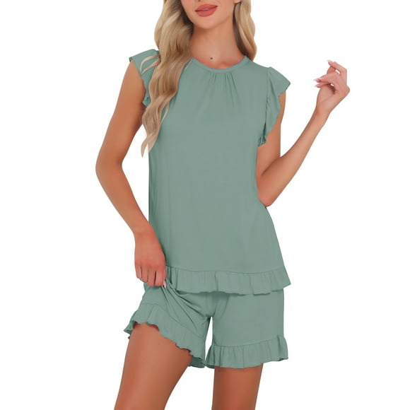 INSPIRAR CHIC Blusas de manga corta con volantes y pantalones cortos de lounge 2 piezas Pjs Ropa de dormir Conjuntos de pijama 2XL Verde