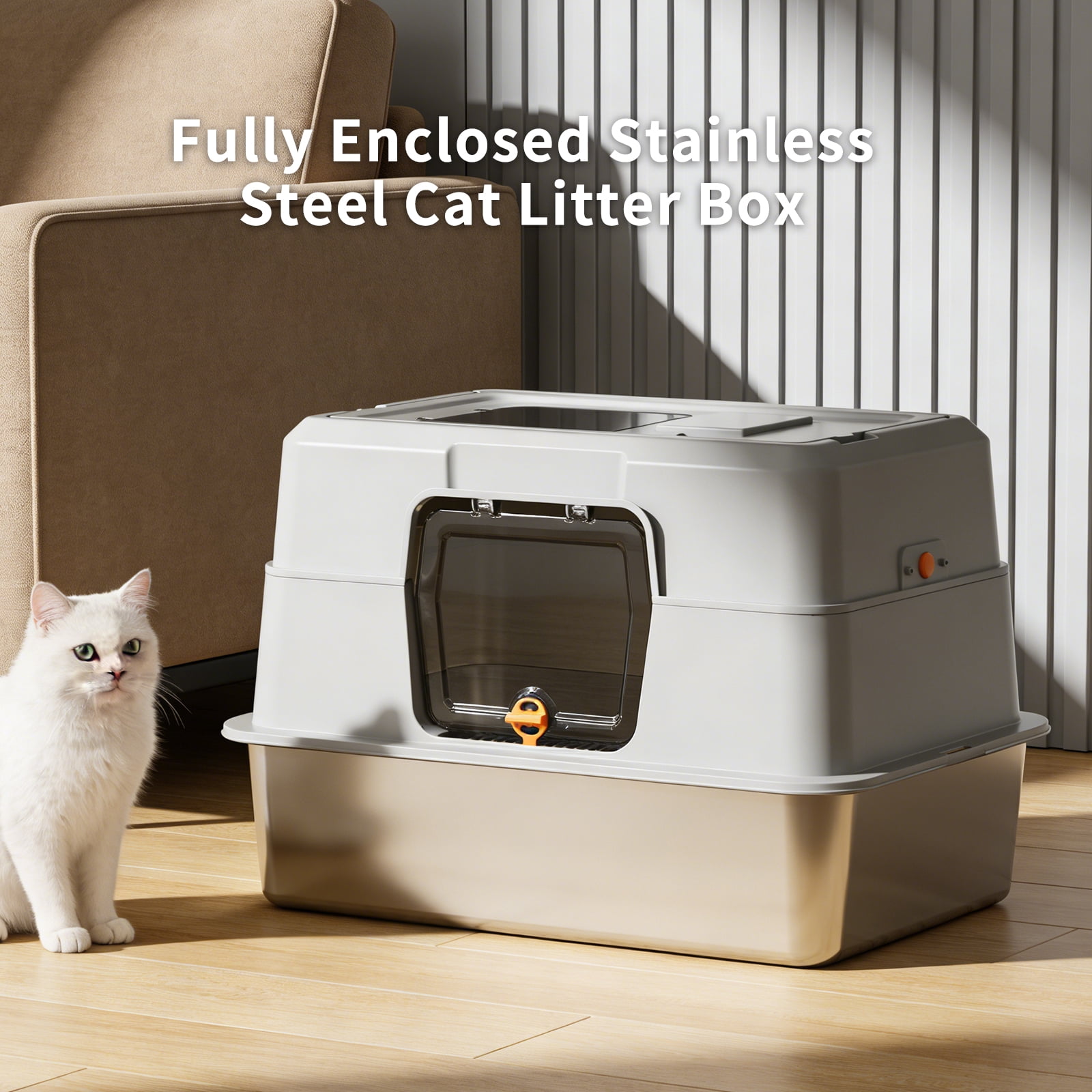 Hooded Cat Litter Box with Stainless Steel Base, Enclosed Litter Pan, Anti-Splash Odor Control, Front & Top Dual Entry, Pet-Safe Construction for All Cat Sizes