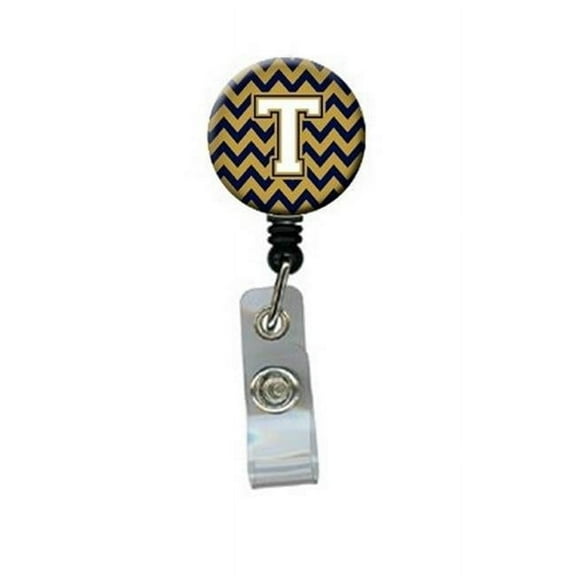 Carolines Treasures CJ1057-TBR Letter T Chevron Navy Blue & Gold Retractable Badge Reel