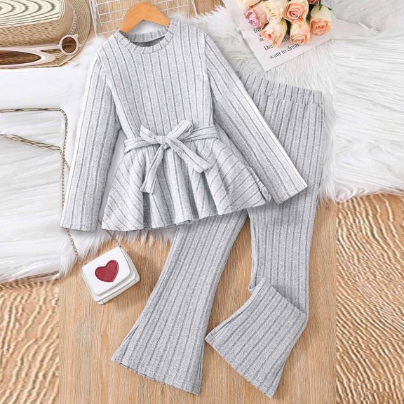 Trendfront Girls 3 Piece Matching Outfit Set Crewneck Long Sleeve Stripe Print Tie Waist Top And Pants Weekend Play Wear Set