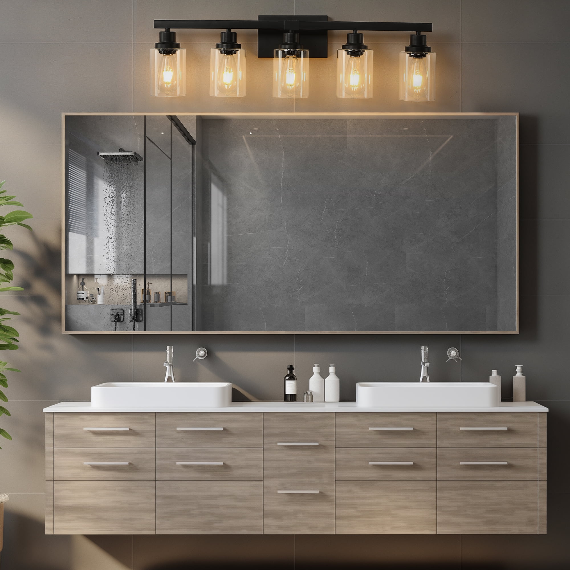 31" Modern Black 5-Light Bathroom Vanity Light Fixture, Industrial Wall Sconce with Clear Glass Shades for Mirror, Bathroom, Bedroom, and Hallway (No Bulbs)