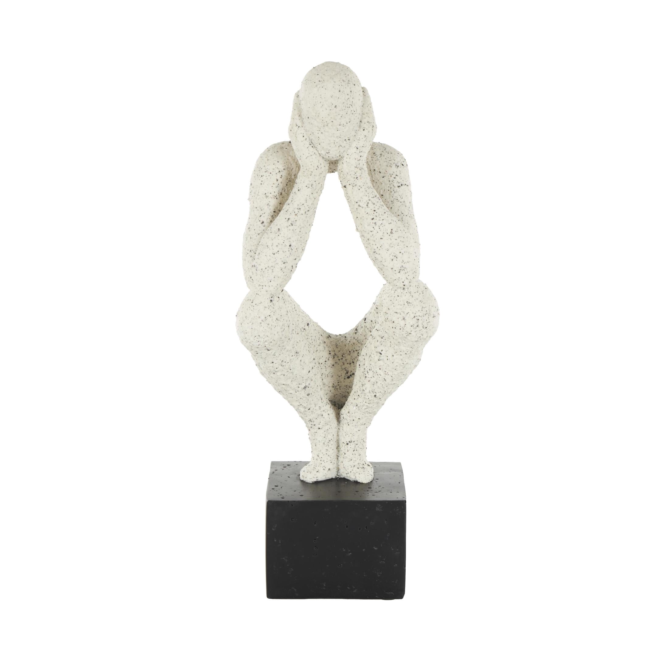 6" x 16" Cream Polystone Crouching People Sculpture with Black Square Base, by DecMode