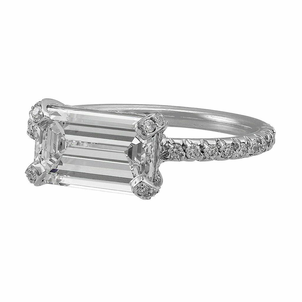HeartsAndYou 3ct East West Emerald Cut Moissanite Solitaire Engagement Ring for Women 18k White Gold over Silver