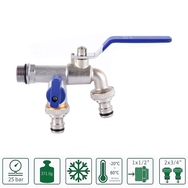 Grifo de salida doble de 1/2 pulgada Conector de manguera de latón Grifo de válvula de jardín (Azul) Likrtyny Libre de BPA