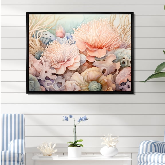Designart "Pastel Elegance Amidst Anemones I" Coastal Coral Under Water Floater Framed Wall Art Prints