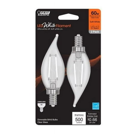 BA10 E12 Candelabra Filament LED Bulb, Soft White - 60W Equivalence - Pack of 2