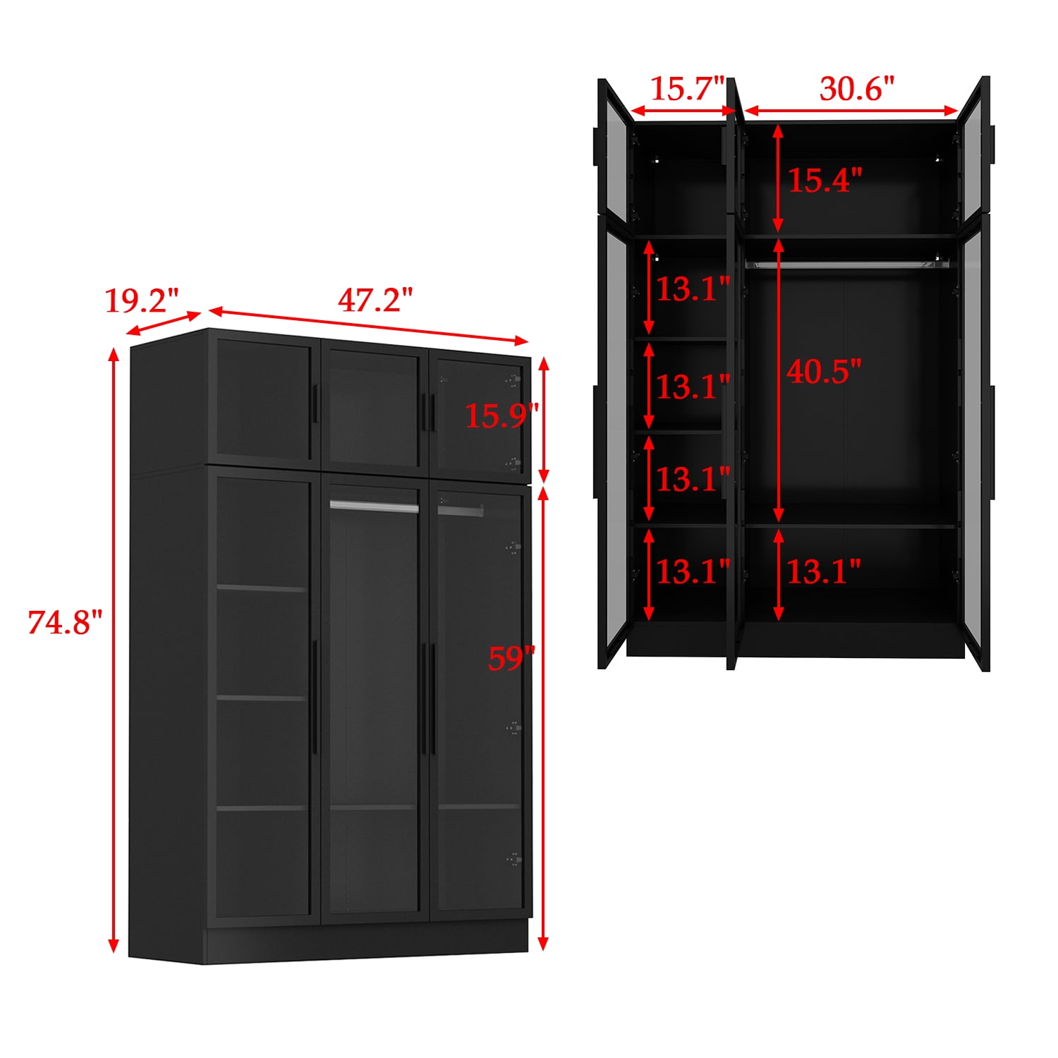 OxyLife Wardrobe Closet with Glass Door and LED Light, 74.8