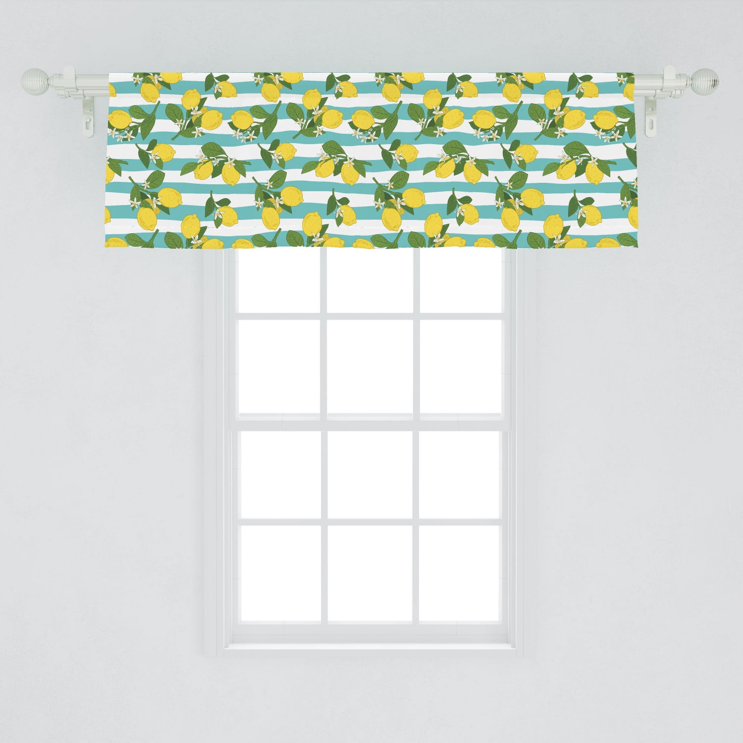 Lemons Window Valance, Lemon Blossoms Leaves Citrus on Tree on Striped