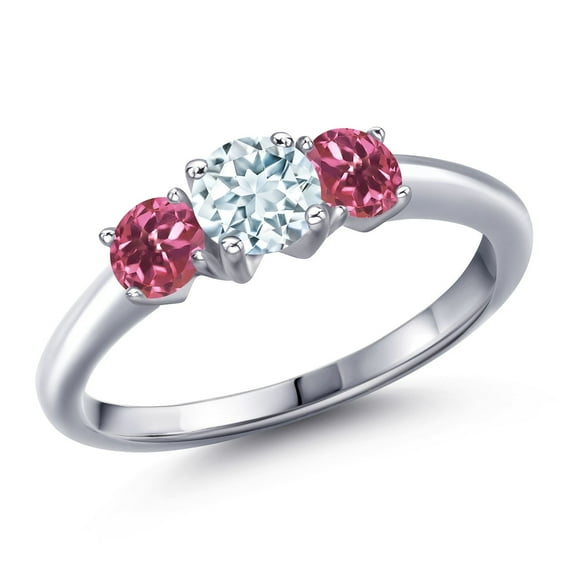 Gem Stone King 925 Sterling Silver Sky Blue Aquamarine and Pink Tourmaline Engagement Ring for Women | 1.00 Cttw | Round 5MM | Gemstone March Birthstone | Size 8