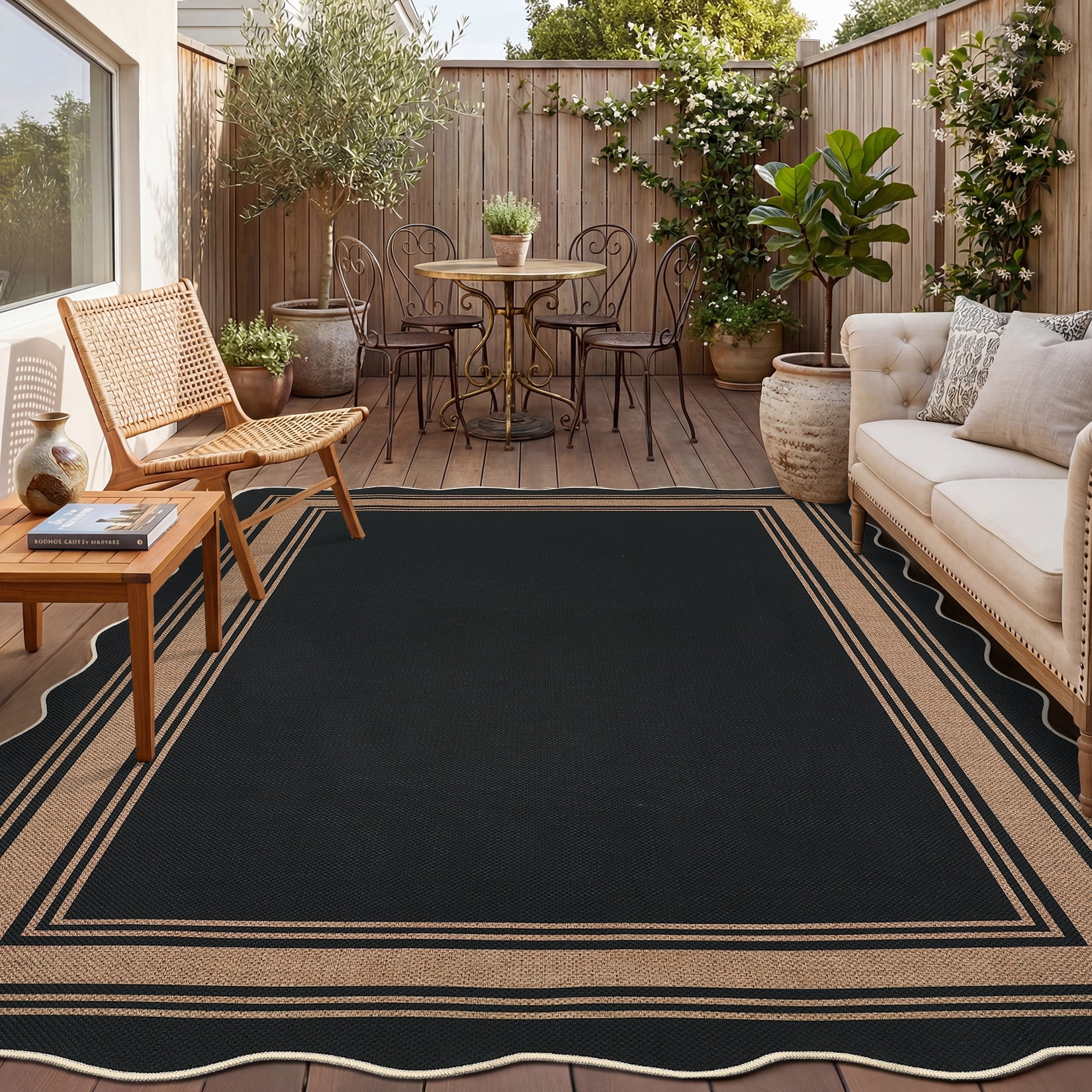 Nanan Scalloped Area Rug 5'x7' Edge Jute Rug, Washable Non Slip Low Pile Indoor Outdoor Rug Farmhouse Carpet for Living Room Dining Room Patio Entryway, Black Coffee