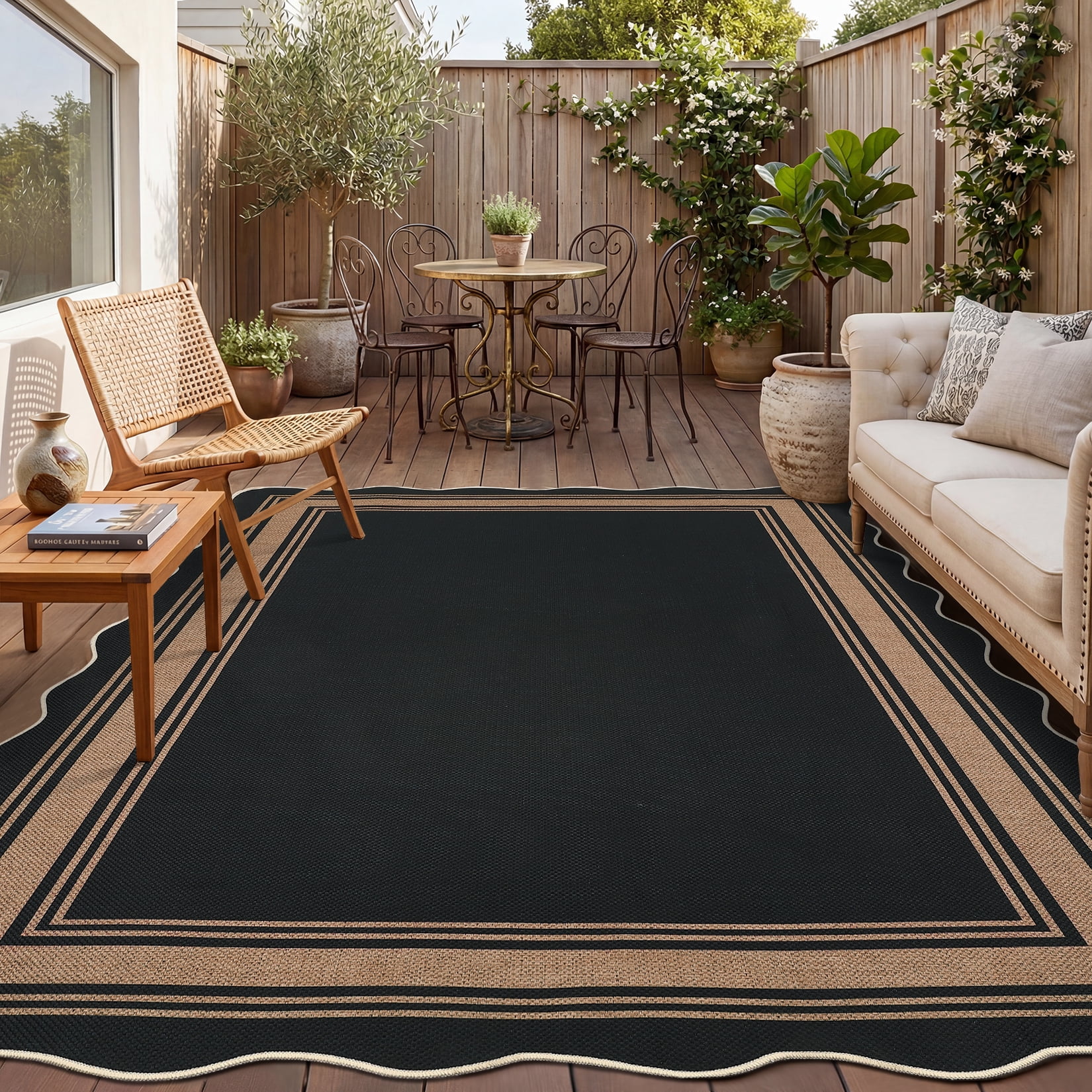 Garvee 5'x7' Scalloped Washable Indoor Outdoor Rug Natural Jute Carpet, Non Slip Low Pile Rug for Patio, Living Room, Bedroom, Home Decor, Black Coffee