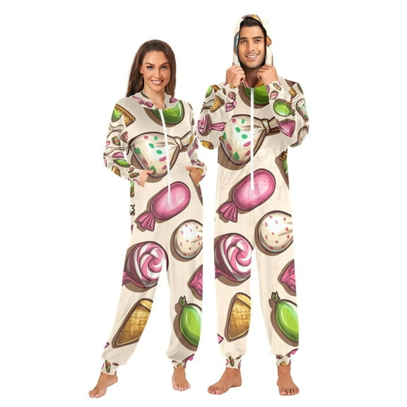 Candies Adult Onesie Pajamas Slim Fit Christmas One Piece Suit Pjs for Women and Men Hooded Zipper