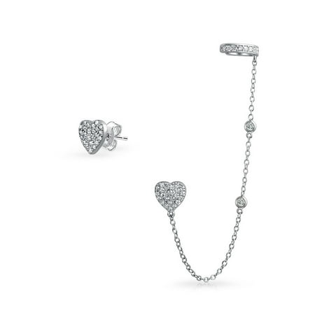 Cartilage Cuff - Heart Shaped Chain Cartilage Ear Cuff Wrap Earring Pave CZ Stud Helix Earring Stud Set 925 Sterling Silver