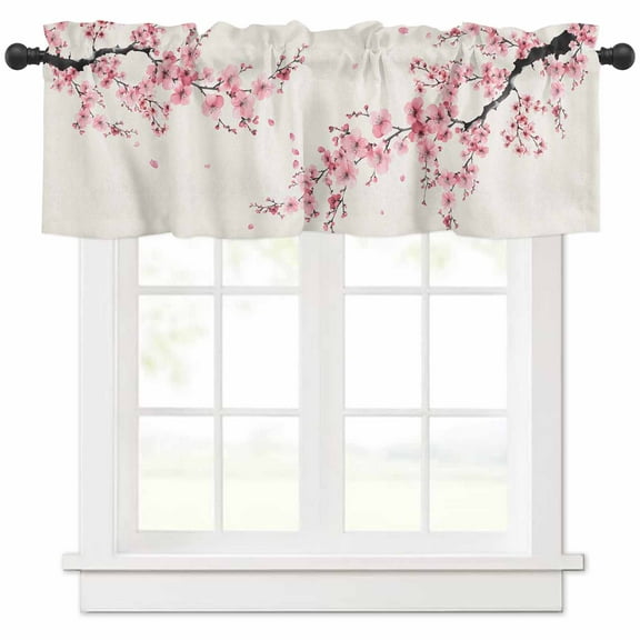 Hokiten Rod Pocket Curtain Valance, Cherry Blossoms Farmhouse Window Valance for Living Room, Bedroom, Kitchen Pink Flower Floral Spring Nature Country 60"W x 18"L