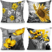 Set of 4 18x18 Flower Throw Pillow Covers Yellow Gray Black Decorative Pillow Covers Bed Sofa Couch Pillow Covers Yellow Fall Sunflower Linen Farmhouse Square Pillowcases Summer(Yellow Black)