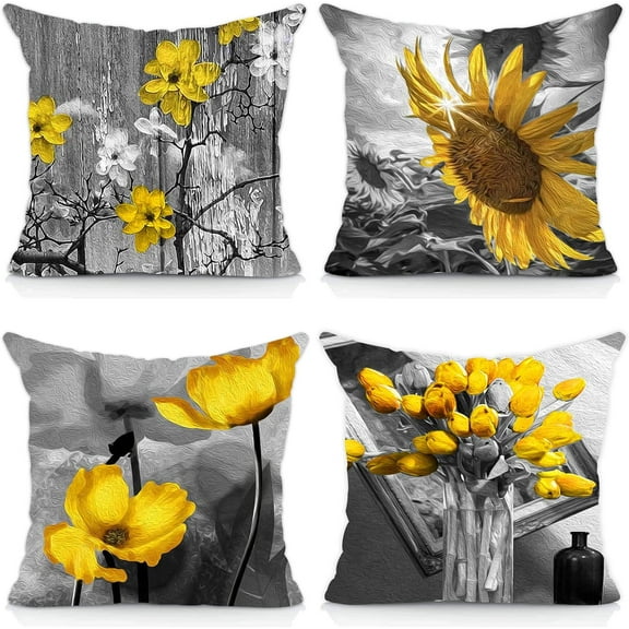 Set of 4 18x18 Flower Throw Pillow Covers Yellow Gray Black Decorative Pillow Covers Bed Sofa Couch Pillow Covers Yellow Fall Sunflower Linen Farmhouse Square Pillowcases Summer(Yellow Black)