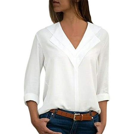 Women's Blouse Long Sleeve Blouse Double V-neck Tops Blouses Solid ...