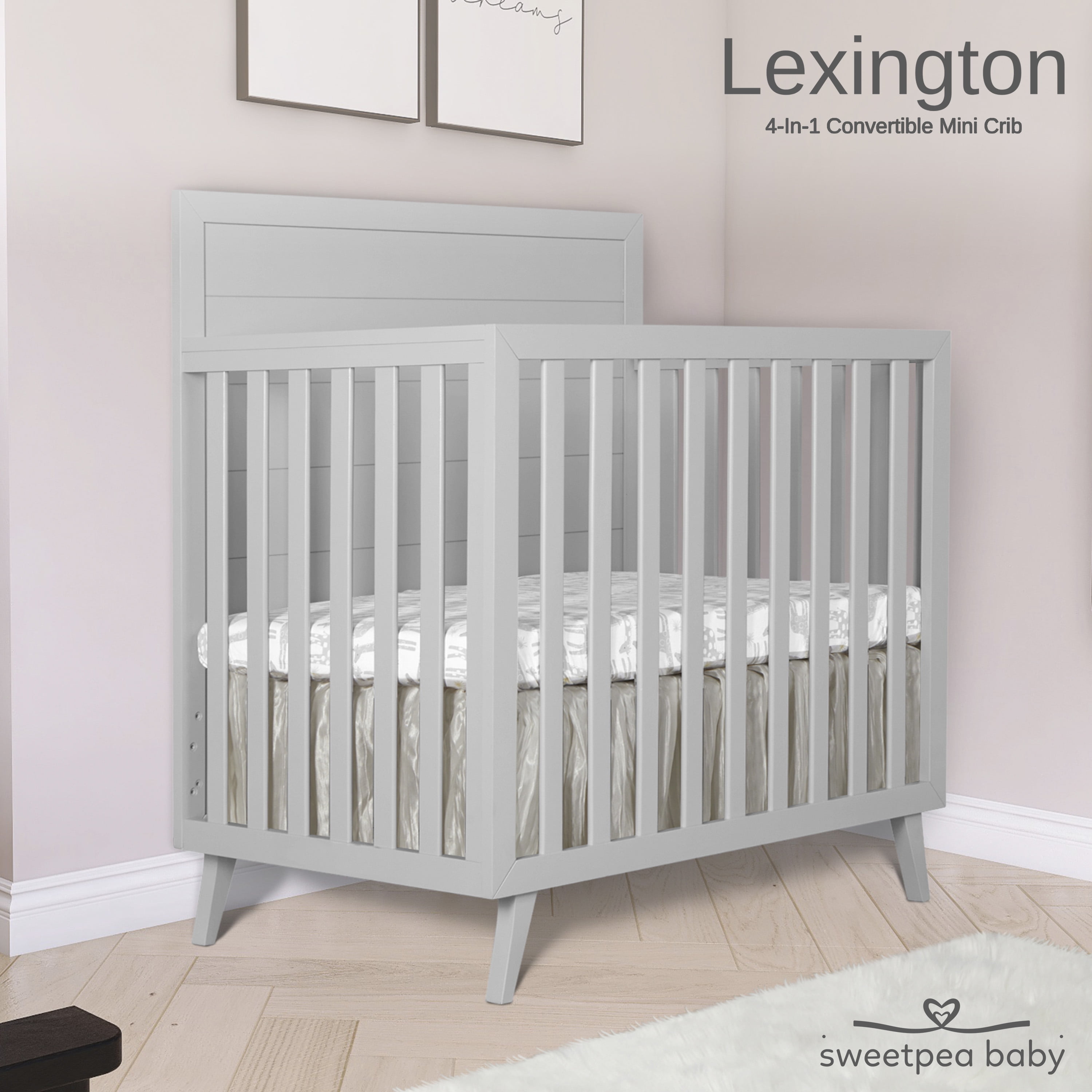 Dream On Me Lexington 4 in 1 Convertible Mini Crib, Sustainable New Zealand Pinewood, Pebble Grey